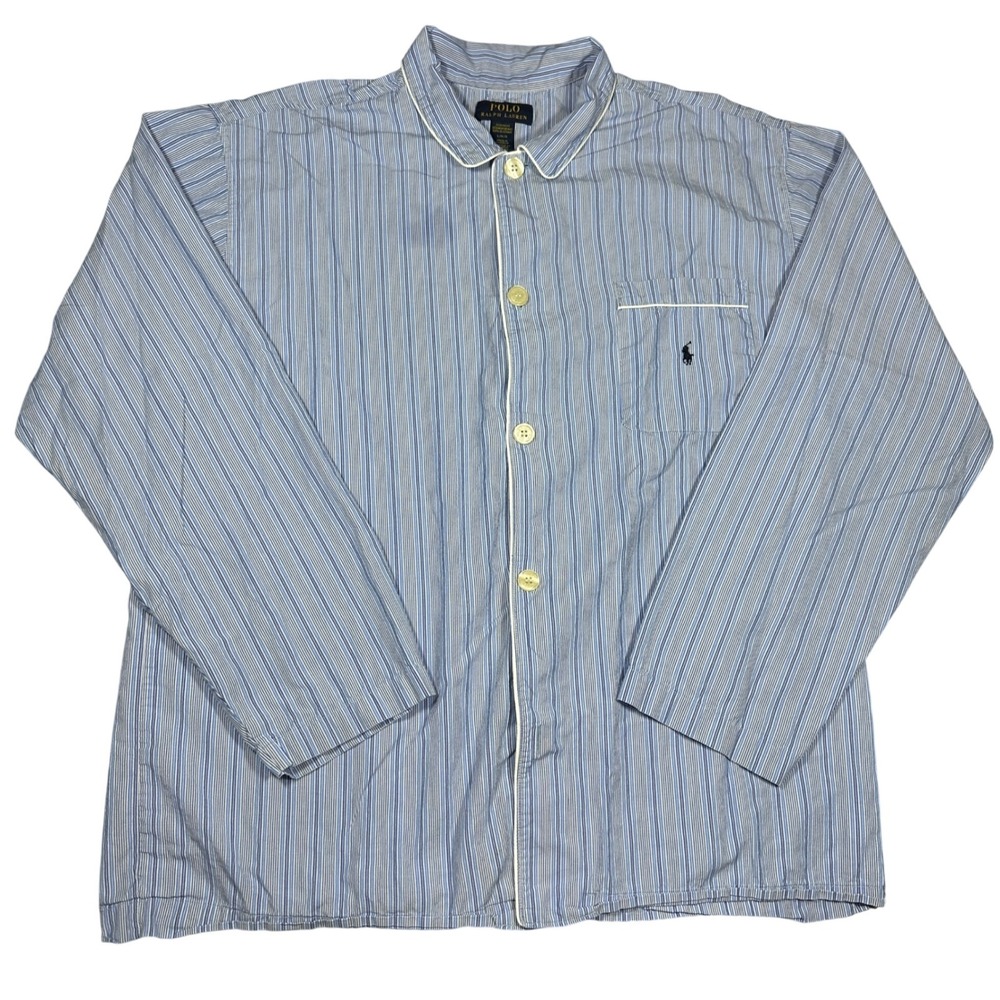 Polo Ralph Lauren Mens Blue White Striped Cotton Pajama Sleep Shirt Large L